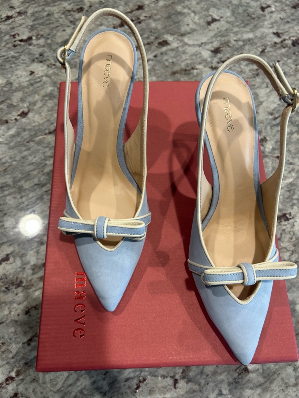 Maeve Light Blue Suede Pointed-Toe Slingback Pumps with Cream Trim